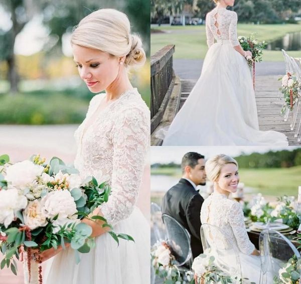 

beautiful lace wedding dresses v-neck sweep train ivory half long sleeves lace tulle romantic bridal gowns modest hey hole back design jkw25, White