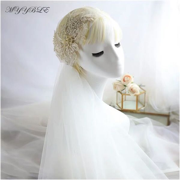 

bride wedding retro champagne color lace appliques beaded veil headdress super fairy beautiful yarn bridal hair accessories