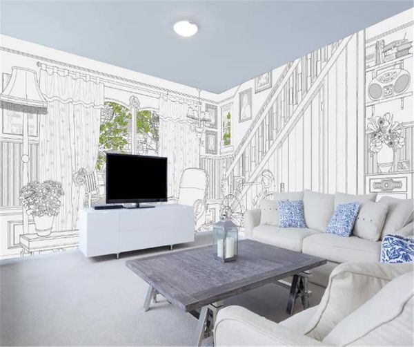 

european vintage sketch line building house wall american vintage wallpaper
