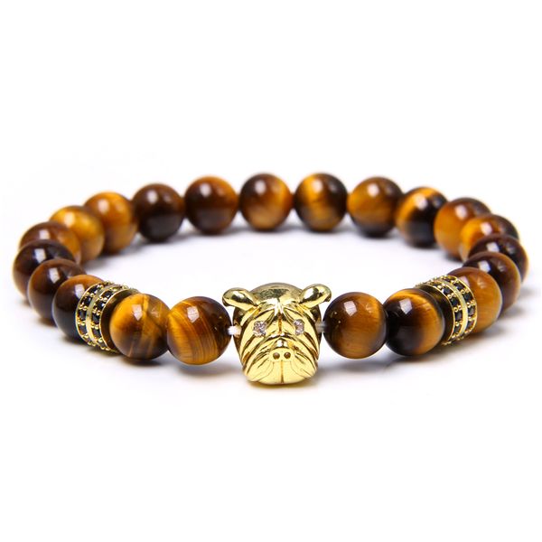 

handmade natural stone yellow tiger eye beads bracelet gold micro pave cz shar pei dog charm beaded bracelet jewelry men women, Black