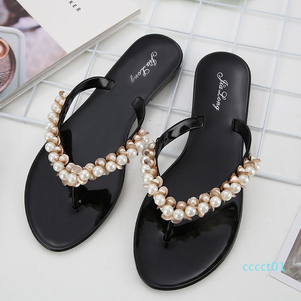 

pearl string bead outside elegant shallow women slippers summer crystal beach pointed toe flat flip flops solid soft shoes, Black