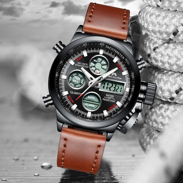 

megalith sports led digital watch men multifunction waterproof digital wristwatch male clock brown strap leather watch, Slivery;brown