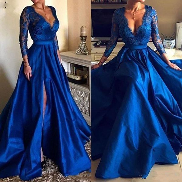 

royal blue a-line prom dresses deep v neck elastic satin lace appliques long sleeves sweep train evening gowns formal party dresses z18, Black
