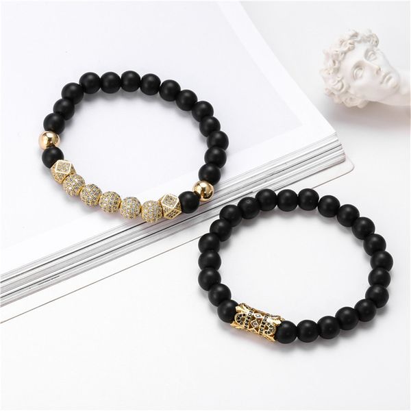 

2pcs/set bead men's bracelet stone beaded charm bracelets for men classic pave setting cz copper balls beads bracelets jewelry, Golden;silver