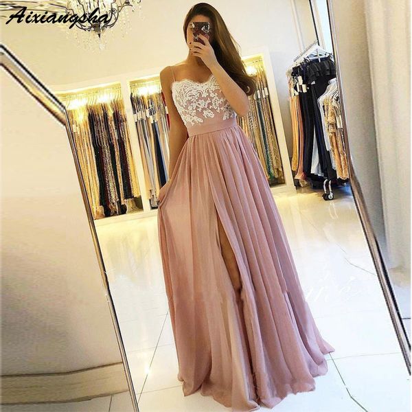 

spaghetti strap dusty rose blush prom gowns with slit lace bodice chiffon a-line long party prom dresses, White;black