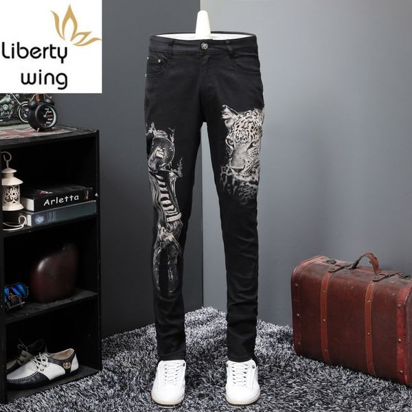 

fashion black printed men personalized slim fit street trousers casual elastic straight denim pants male club jeans, Blue