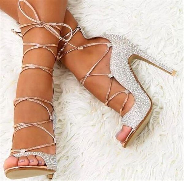 Design del marchio Donne Donne aperto Bling Rhinestone Stiletto Gladiator Cinta di caviglia Cristallino Crystal High Heel Sandals Dress Teli