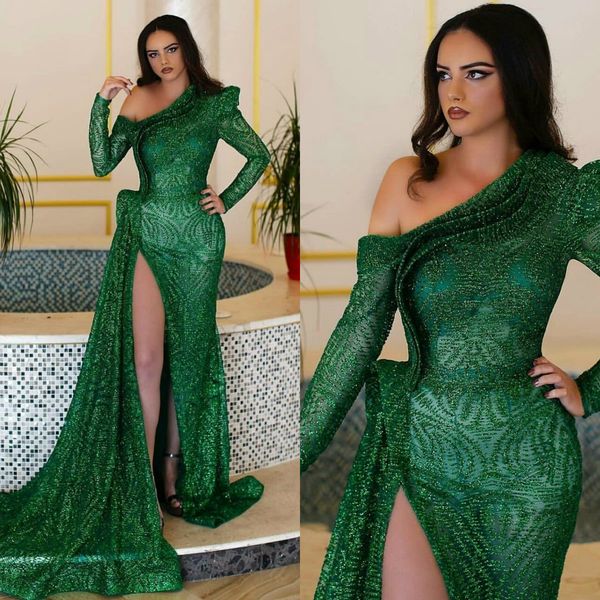 

2020 fashion evening dresses one-shoulder long sleeves lace sequins high split prom gowns custom made sweep train special occasion dress, Black;red
