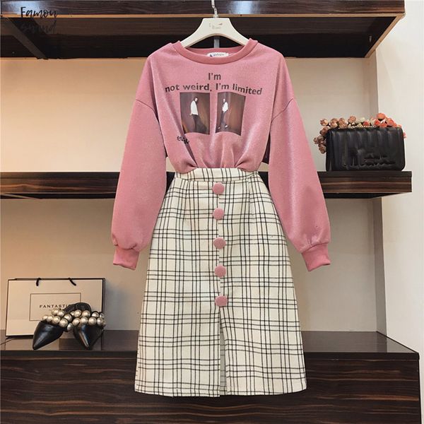 

sweatshirt casual and plaid woolen skirt 2 suits set fall winter print bright silk pullovers and skirt piece, White