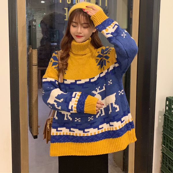 

autumn winter thicken loose sweater young girl kawaii christmas elk jacquard high collar long sleeve pullover preppy style, White;black