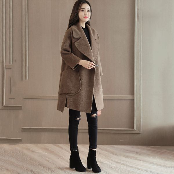 

woolen coat spring new mink velvet fashion cashmere outwear female slim mid-length sports casual simple wool overcoat women z430, Black