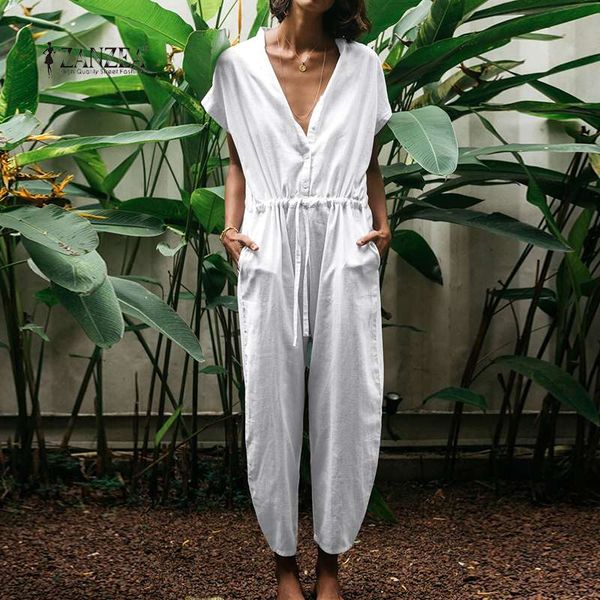

zanzea casual short sleeve drawstring rompers women's summer jumpsuits female button front long playsuits solid overalls turnip, Black;white