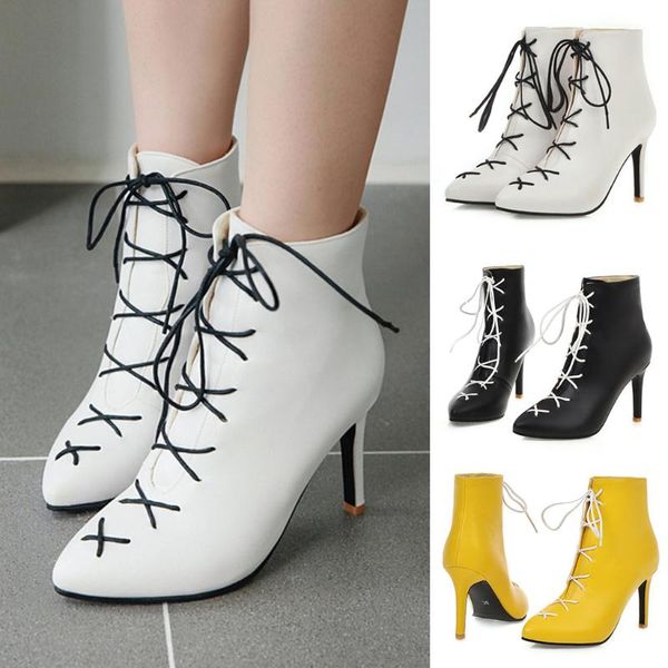 

fashion pure color pointed toe lace-up boots thin heels casual women shoes, Black