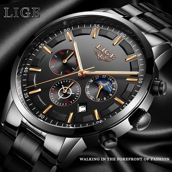 

brand lige quartz luxury moon phase date dial men's watch stainless steel strap fashion waterproof chronograph zegarek meski, Slivery;brown