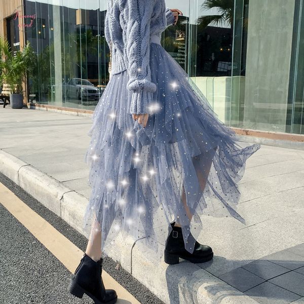 

womens skirts summer 2019 new korean stars sequin elegant high waist a line pleated elastic belt spring midi skirt femme, Black