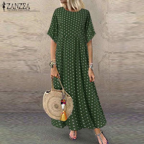 

zanzea women polka dot sundress vintage summer short sleeve bohemian beach long dress femme robe printed dress plus size vestido, White;black