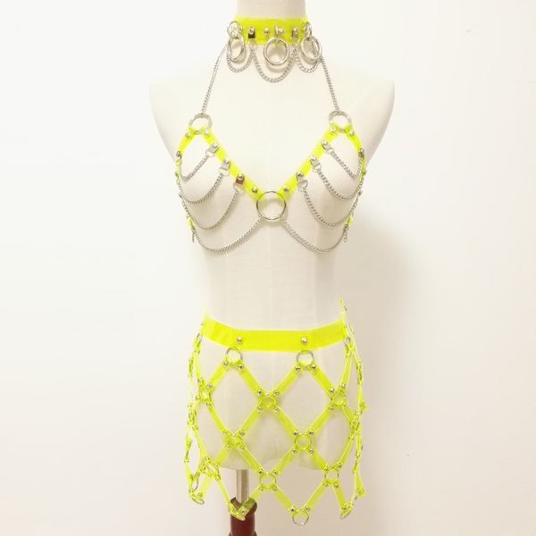 

fashion handmade neon green choker harness dress punk collar belt necklace bra set torques club party, Golden;silver