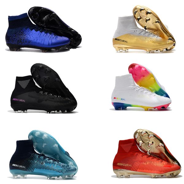 

красная радуга 100% первоначально бутсы новых cr7 mercurial superfly v fg футбол бутсы высоких лодыжки бутсы роналд спорт кроссовки