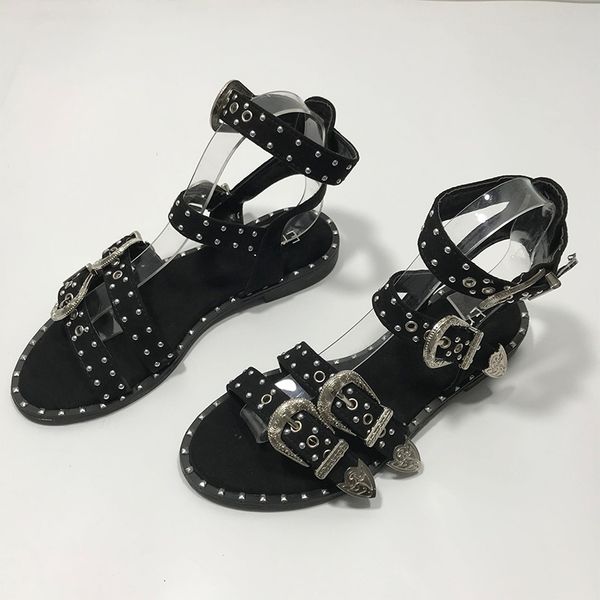 

new women's rivets sandals cool girl metal decoration women shoes buckle strap open toe flats heel ladies sandals female fashion t20060, Black