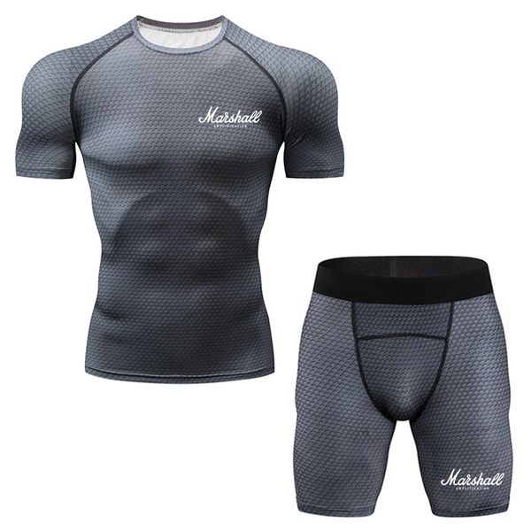 

new 3d compression set men sport tracksuit fitness tight men gym mens compression running sets quick dry short sleeve set, Black;blue