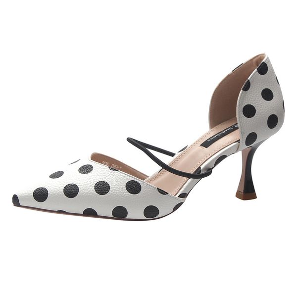 

muqgew high heels women's shoes wild pointed toe sandals fashion lady plus size wave-dot striped hollow high heels single shoes, Black