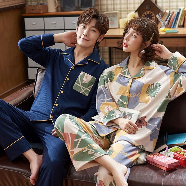 

high-end cotton couple pajamas long sleeve spring and autumn cotton korean version of the winter womens mens summer tracksuit set, Blue;gray