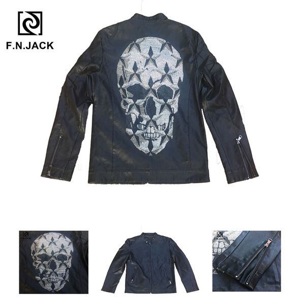 

f.n.jack cool rhinestone skull pattern winter coat male casual jacket 2019 fashion men's motorcycle faux leather jackets, Black