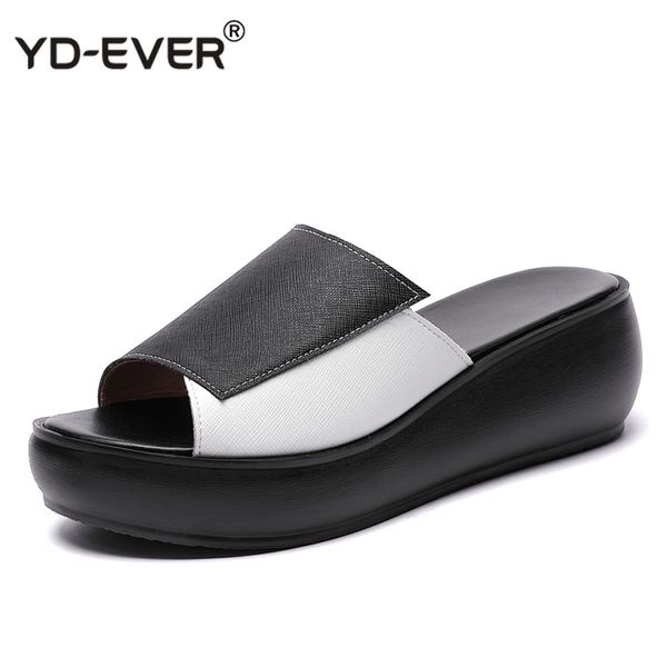 

2020 women summer slippers casual shoes genuine leather wedges platform slippers women sandals high heel slides, Black