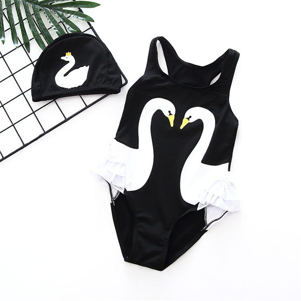 

2019 new toddler kids swan flamingo bathing suit swimwear one piece baby girls bodysuit with swimming cap