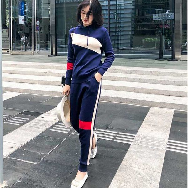

autumn spring knitted tracksuit hooded sweatshirts women suit clothing 2 piece set knit pant female pants suit, White