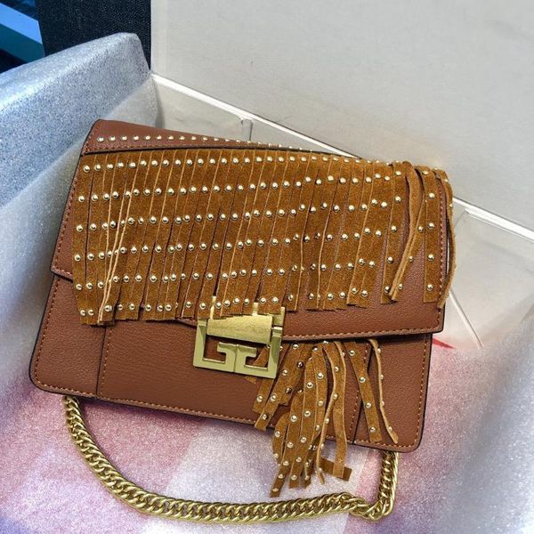 

cowhide female briefcase real leather rivet tassel messenger bag casual natural cowskin crossbody bag neverful cc