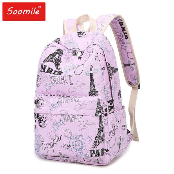 

paris eiffel tower printing girls school bags flower casual backpacks fashion women canvas schoolbags for teenage students 2019