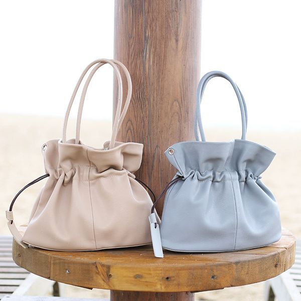 

simple drawstring pleated bucket bag casual vintage handbag fashion soft leather shoulder messenger bag