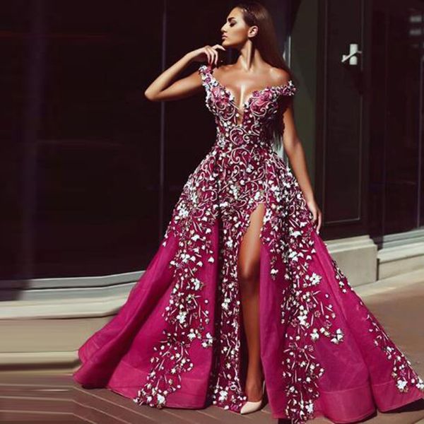 

fabulous арабский стиль фуксия с 3d lace цветы вечерние платья линия выключение sholuder высокий фронт сплит женщины знаменитости pageant пл, Black;red