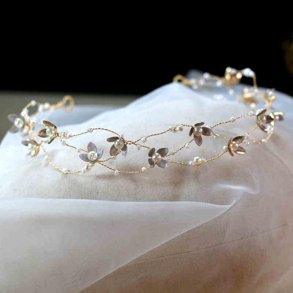

amanda novias exquisite hand-made rice beads beaded simple sen flower garland hair band headband fairy beauty bridal headdress, Golden;white