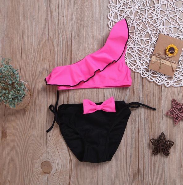 

kids girl swimsuit ruffles bow child swimwear two piece girls beach bikini sets beach bathing suits 4 colors optional wzw-yw3911, Black