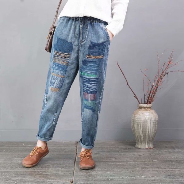 

spring new literary restoring ancient ways irregular embroidery paragraph long pant girl elastic waist jeans casual pants women, Blue