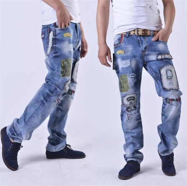 

hole straight mens designer jeans fashion casual patchwork washed loose zipper fly mid waist jeans mens clothing, Blue