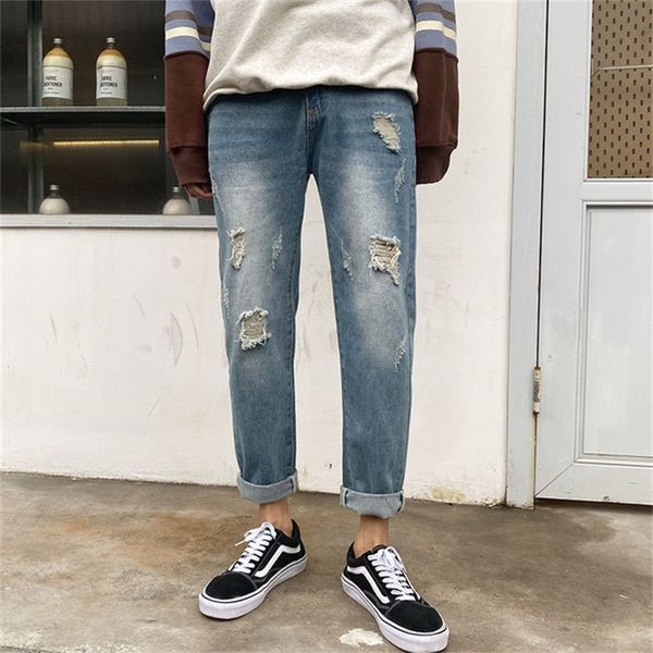 

бесплатная доставка 2020 four seasons new men подпись hole пят прямые прямые джинсы подросток белый мытый джинсы, Blue