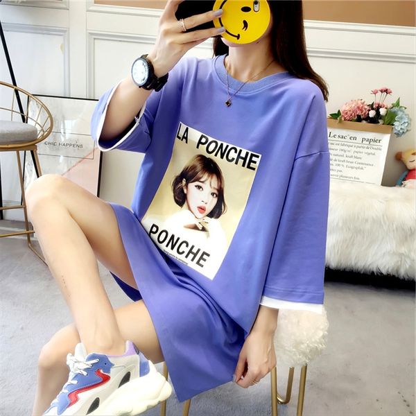 

2019 large size women's fat mm short-sleeved t- women's all-match printing base medium and shirt shirt long style, White