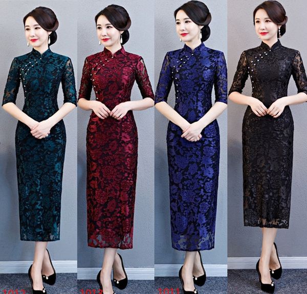 

2019 spring embroidery cheongsam women elegant lace long qipao chinese handmade button dress wedding evening party vestidos new, Red