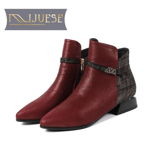 

mljuese 2019 women ankle boots cow leather pointed toe zippers autumn spring wine red color women boots female, Black