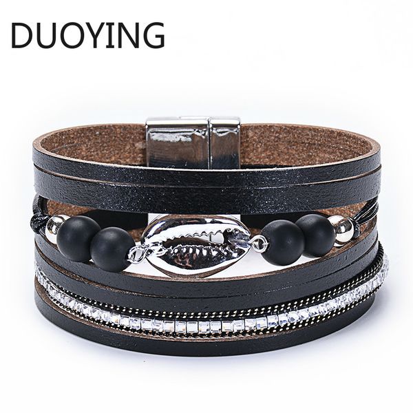 

многослойный кожаный браслет для женщин натуральный камень черный матовый shell wrap браслеты браслеты femme ювелирные изделия черный белый, Golden;silver