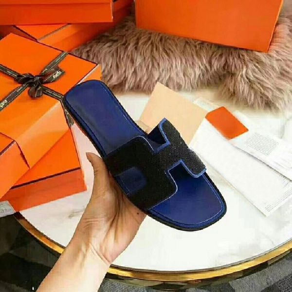 

Designer Slippers Women Flip Flop Shoes Soft Leather Luxury Slippers Open Toe Flat Slippers With Bule Pink Color Macthing