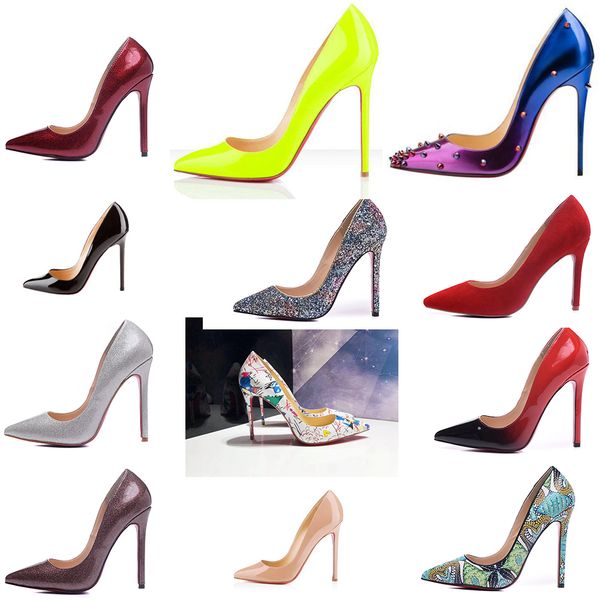 

brand new designer classic women red bottoms high heels patent leather pointy toe dress shoes luxury shallow mouth red sole wedding shoes, Black