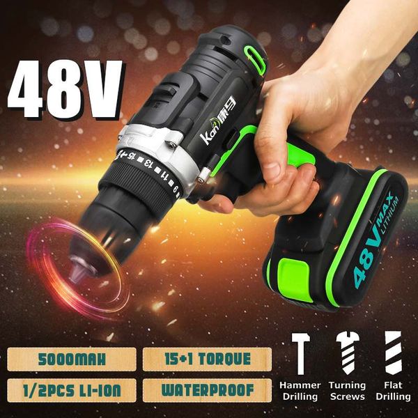 

48v cordless electric impact drill 28nm 15+1 torque driver kit hammer screwdriver brushless 2 li-on led power tools