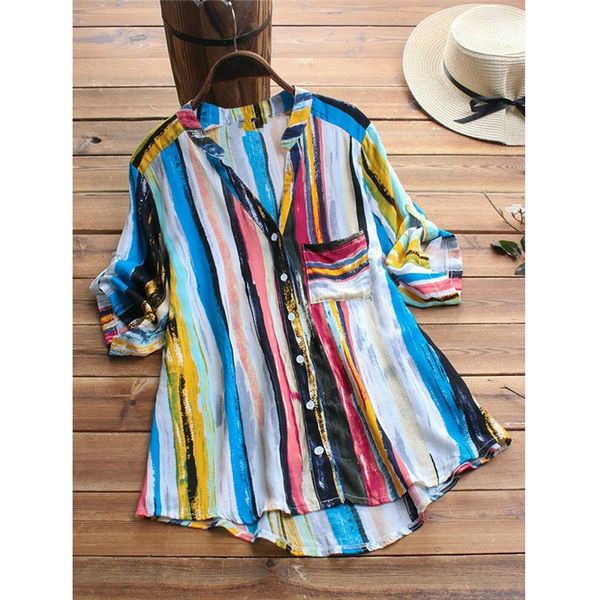 

new women cotton summer gypsy baggy tunic shirt long sleeve blouse plus size lot button colorful striped loose clothes, White