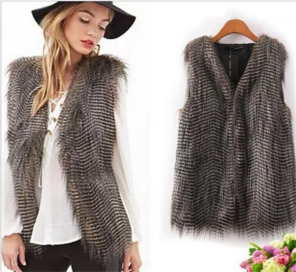 

womens fur vest faux rabbit fur vest with fur collar waistcoat jackets rex rabbit knitted winter, Black