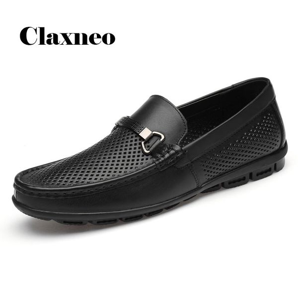 

man boat shoes genuine leather 2020 summer men's dress shoe slip on breathable wedding loafers design moccasin soft, Black
