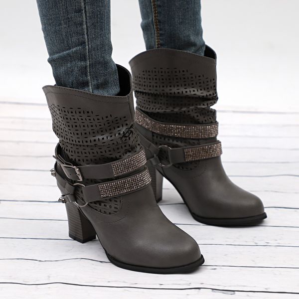 

2019 women's rivet boots winter western boot leather fashion retro mid tube shoes buckle strap cowboy belt boot high heel, Black